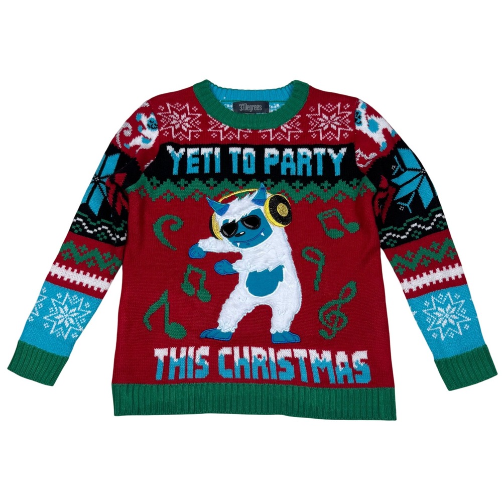 33 Degrees Kids Ugly Christmas Sweater Yeti Party Size M 10 12 Holiday Fun‎